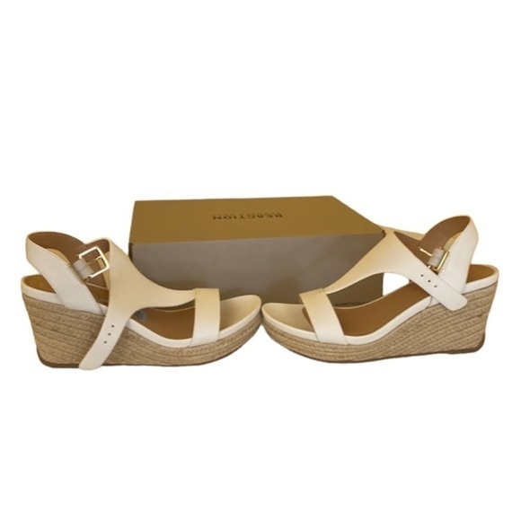 Reaction Kenneth Cole Card platform Wedge espadrille white woven straw sandal - Picture 3 of 11